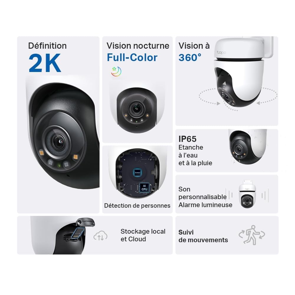 Tapo C510W 2K Caméra de Surveillance WiFi extérieur 360°, Vision Nocturne Couleur, Détection de Personne et Suivi de Mouvement, Étanche IP65, Alarme sonore Personnalisable
