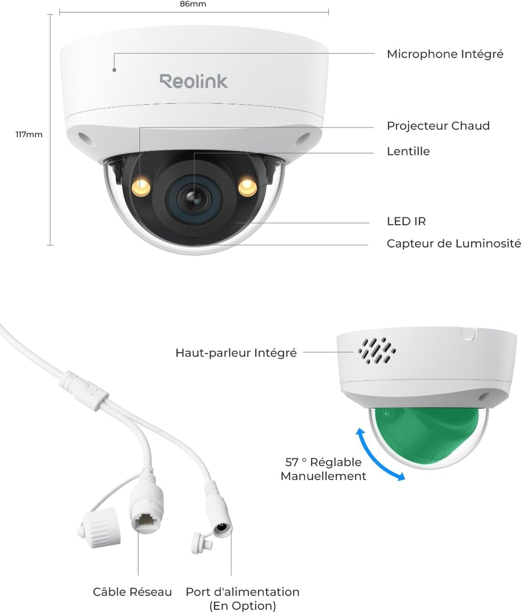 Reolink 12MP Caméra Surveillance PoE, Grand Angle de Vue 145°, Anti-Vandalisme IK10, Vision Nocturne Couleur, Audio Bidirectionnel, Détection Personne/Véhicule/Animal, IP67, RLC-1240A