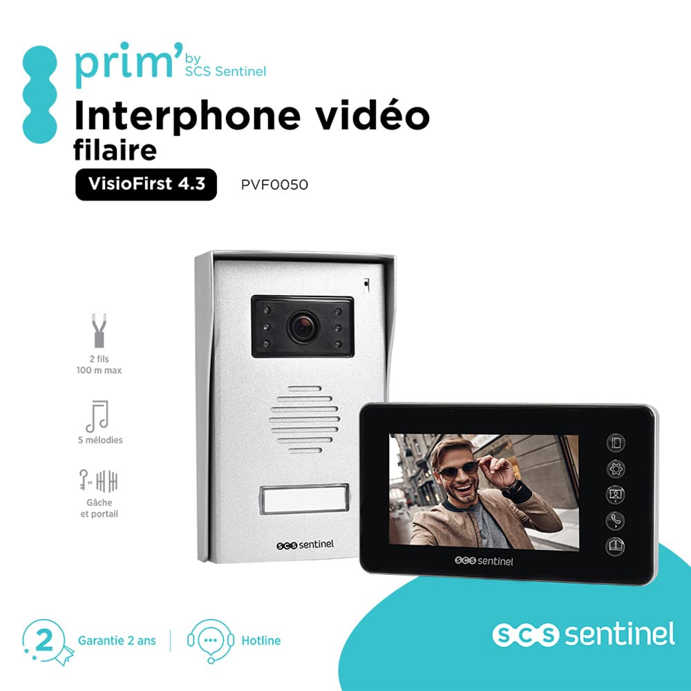 SCS Sentinel - PVF0050 - Interphone Vidéo Filaire Prim' VisioFirst 4.3 -Caméra et Audio - Ouverture Portail, Portillon, Gâche Électrique - 1 Platine Extérieure1 Moniteur - Garantie 3 Ans