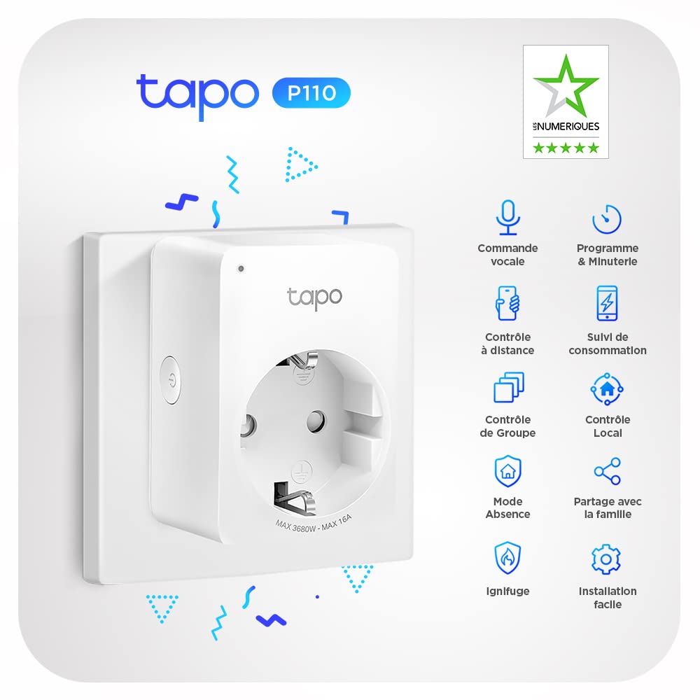 Tapo Matter Prise Connectée WiFi, Suivi de consommation, 16A Type E, Compatible avec Alexa, Google Home et SmartThings, Contrôler le radiateur, le chauffage, Économie d'énergie, Tapo P110M 2-pack(FR)