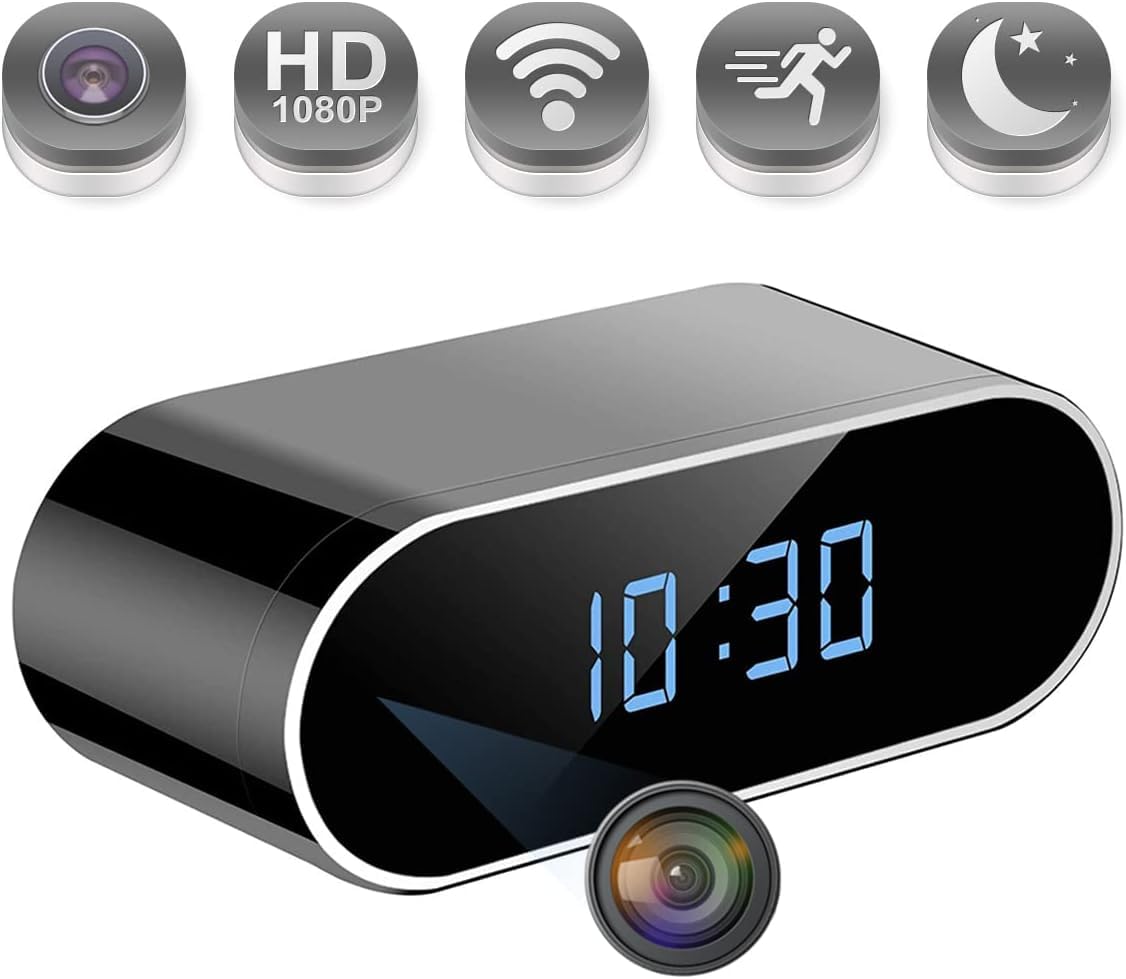 Camera Espion 1080P Mini Camera Surveillance WiFi -Interieur 150° HorlogeCaméra Cachée Espion a Distance Discrete Supportant la Vision Nocturne et la Détection de Mouvement (Noir)