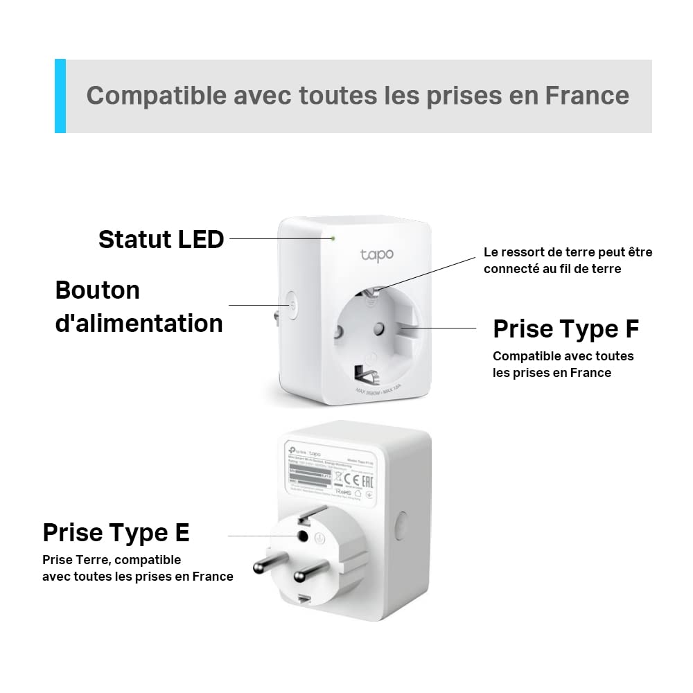 Tapo Matter Prise Connectée WiFi, Suivi de consommation, 16A Type E, Compatible avec Alexa, Google Home et SmartThings, Contrôler le radiateur, le chauffage, Économie d'énergie, Tapo P110M 2-pack(FR)