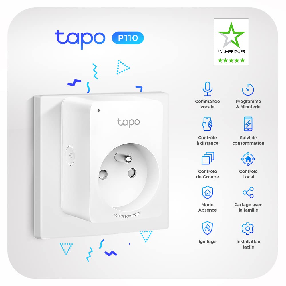 Tapo Matter Prise Connectée WiFi, Suivi de consommation, 16A Type E, Compatible avec Alexa, Google Home et SmartThings, Contrôler le radiateur, le chauffage, Économie d'énergie, Tapo P110M 2-pack(FR)