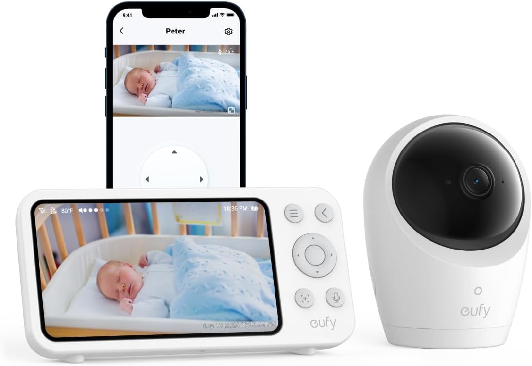 Babyphone eufy E20 avec caméra 2K HD, écran 5" 720p, avec ou sans Wi-FI, contrôle Via l'application ou Le Moniteur, Panorama-Inclinaison, Zoom x 4, caméra Portable avec Batterie intégrée, alertes
