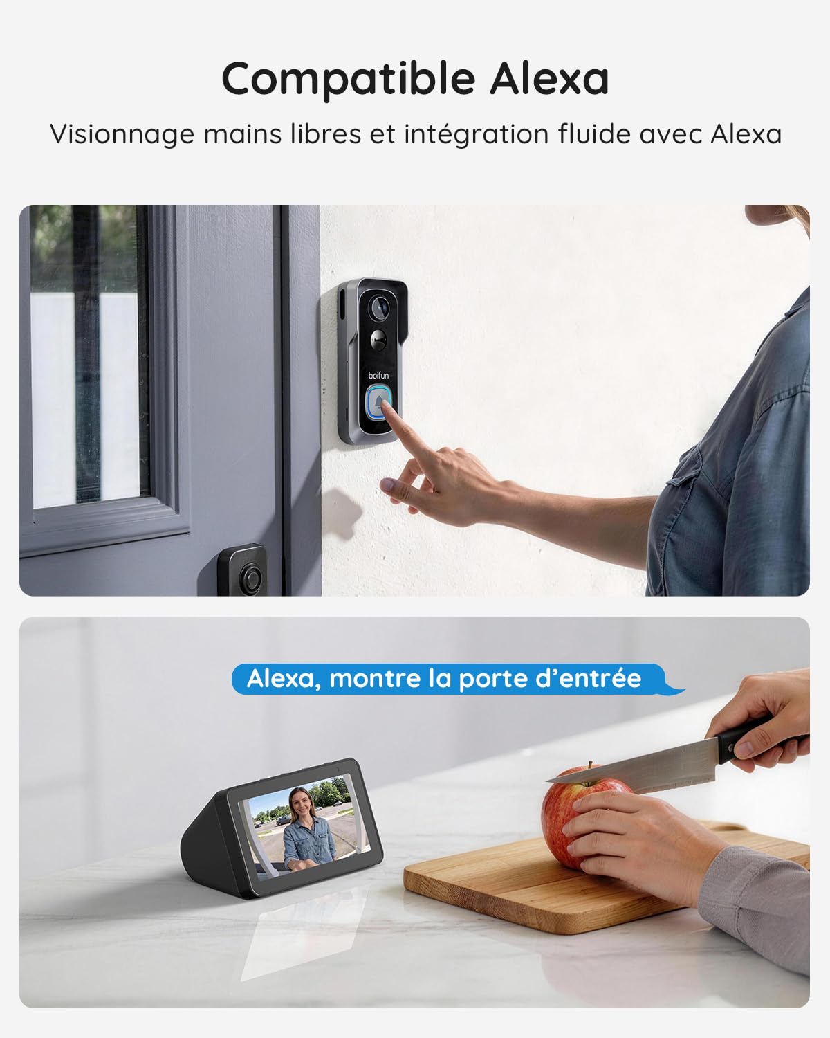 BOIFUN Sonnette sans Fil Exterieur Etanche, 2K, Grand Angle de 166°, Installation Facile, Détection Humaine par IA, Vision Nocturne, Compatible Carte SD, IP65 étanche, 3MP Wi-FI 2,4 GHz Noir