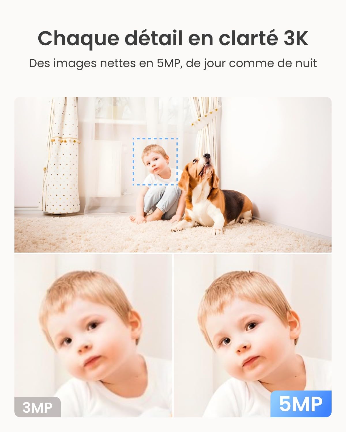 Reolink 3K 5MP Caméra Surveillance WiFi Intérieure 360° PT, Suivi Automatique, Détéction de Personne/Animal/Pleurs de Bébé, Wi-FI 2,4/5 GHz, Vision Nocturne, Audio Bidirectionnel, E1 Pro