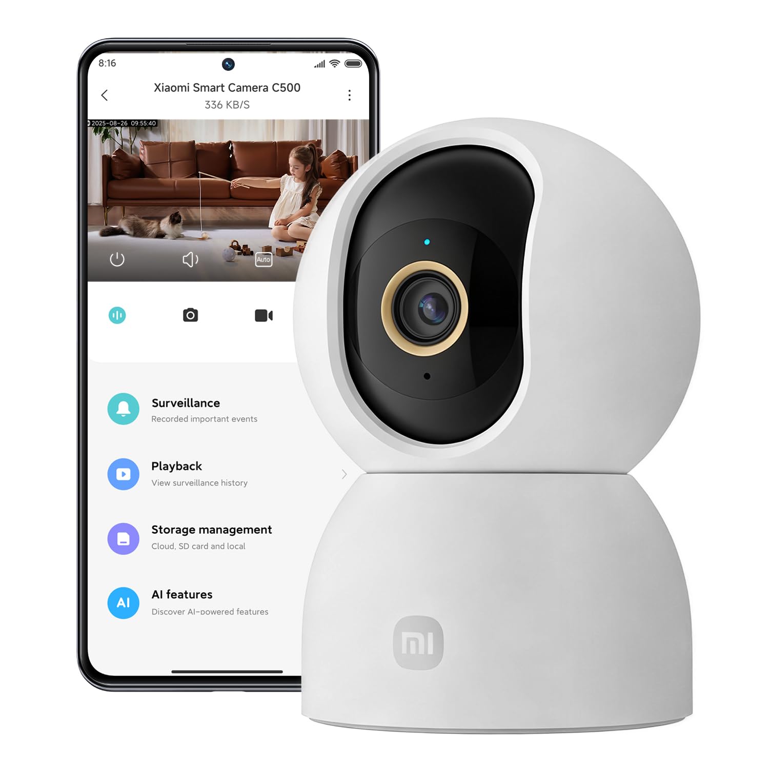 XIAOMI C201 1080p HD, caméra de sécurité, WiFi 6, 360° Panorama, Vision Nocturne Couleur, Protection Objectif, Audio bidirectionnel, babyphone, caméra Animaux, Compatible avec Alexa et Google