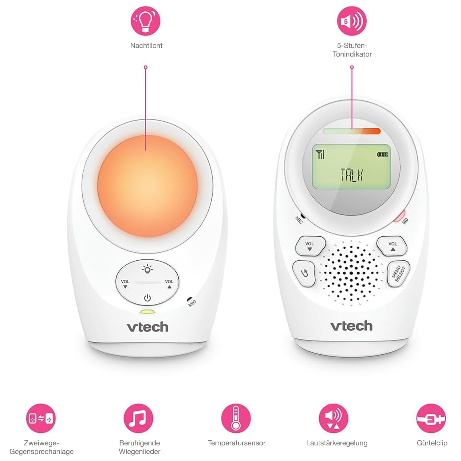 VTech DM1111 Babyphone Audio Numérique – Technologie DECT, Affichage du Niveau de Bruit, Clip Ceinture et Bien Plus – Unité Parentale et Unité Bébé