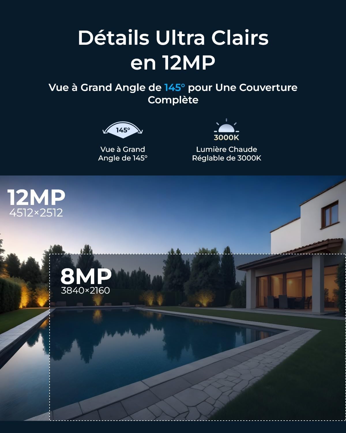 Reolink 12MP Caméra Surveillance PoE, Grand Angle de Vue 145°, Anti-Vandalisme IK10, Vision Nocturne Couleur, Audio Bidirectionnel, Détection Personne/Véhicule/Animal, IP67, RLC-1240A