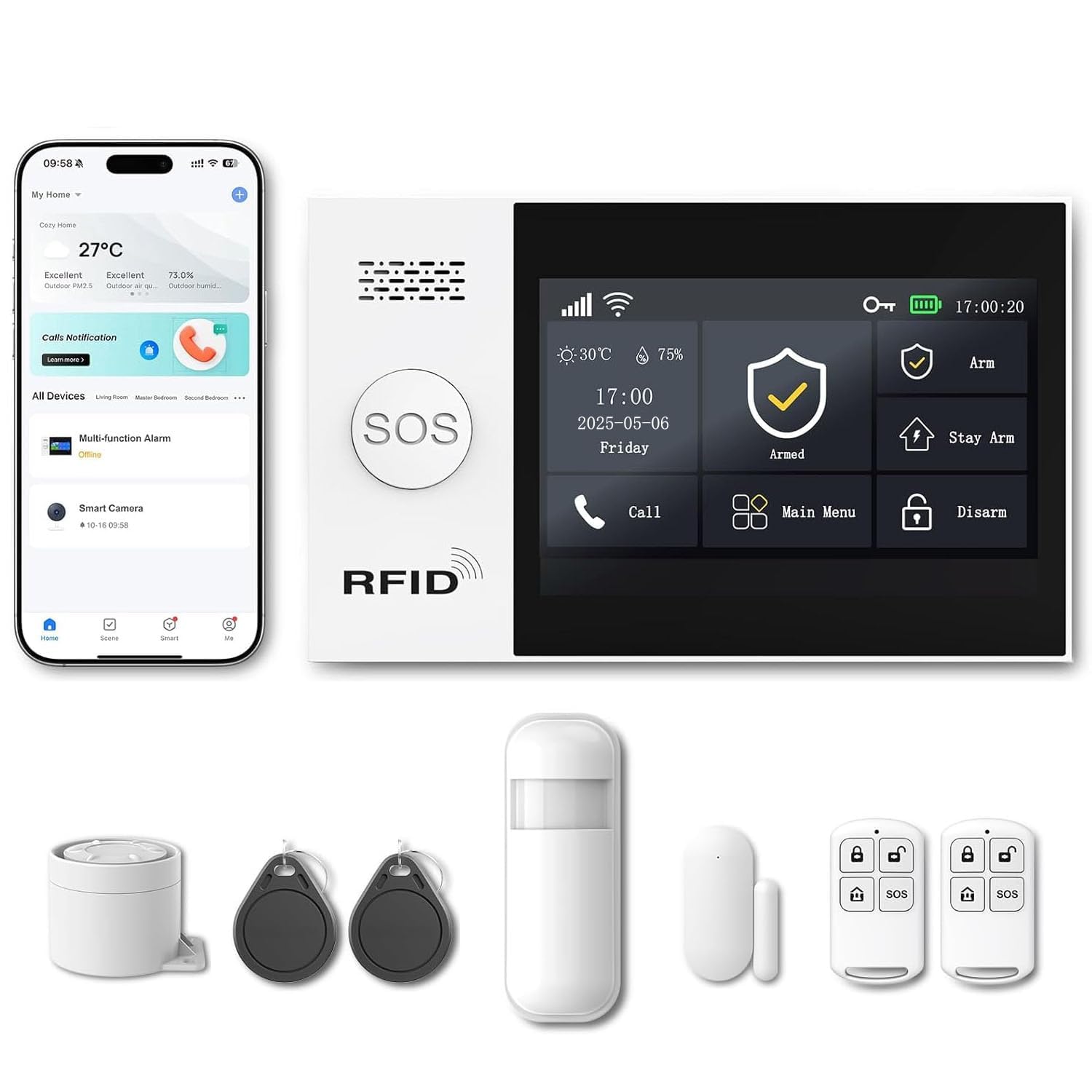 Alarme Maison sans Fil WiFi 4G sans Abonnement, Kit Alarme Maison Connectée 24 Pièces avec Écran Tactile 4,3", Sirène 120 DB, Détecteurs Mouvement et Porte/Fenêtre (Lot de 24 Articles)