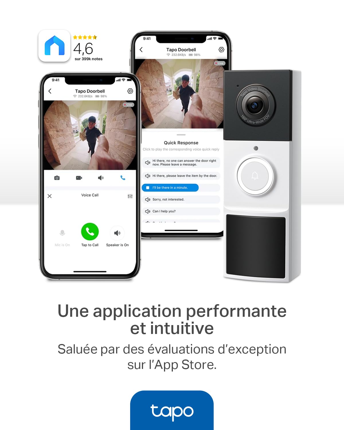Tapo D210 Sonnette sans Fil avec caméra Exterieur 2K 3MP, IP65 étanche, Ultra Grand Angle 160°, Vision Nocturne en Couleur, Détection Humaine AI Gratuite, Audio Bidirectionnel, Installation Facile