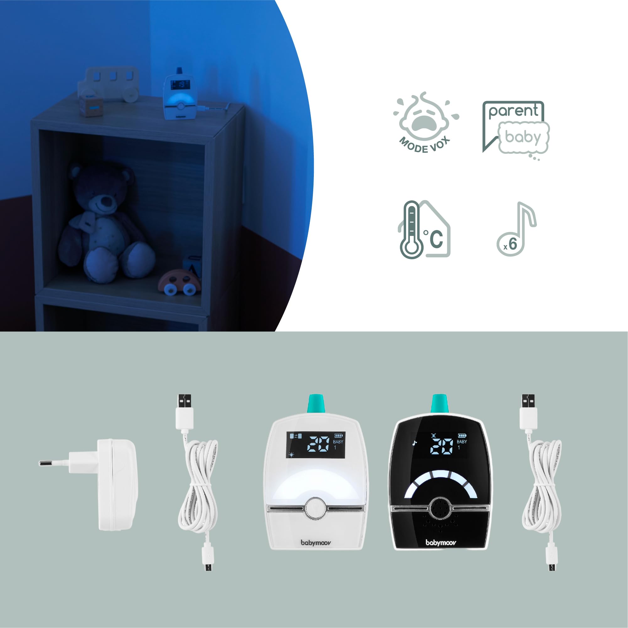 Babymoov Babyphone Audio Premium Care, Faible Emission d'Ondes avec Détecteur de Mouvement, Portée 1400m, Veilleuse, Berceuses, Capteur de Température, Talkie-Walkie