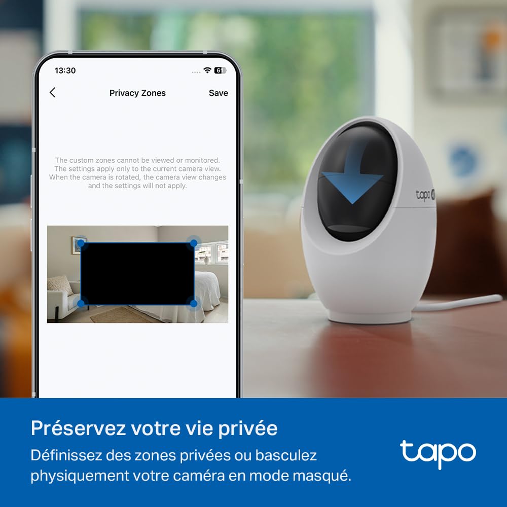 Tapo C260 Caméra de Surveillance WiFi intérieure 4K 8MP 360°, détection IA Locale, Mode confidentialité Physique, Zoom numérique 18x, Suivi de Mouvement, Audio bidirectionnel