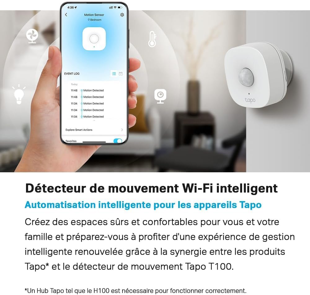 Tapo Détecteur de Mouvement Intelligent Tapo T110, pour la sécurité des fenêtres/Portes, durée de Vie de la Batterie de 1 an et Plus, Notification d'application instantanée, Hub requis