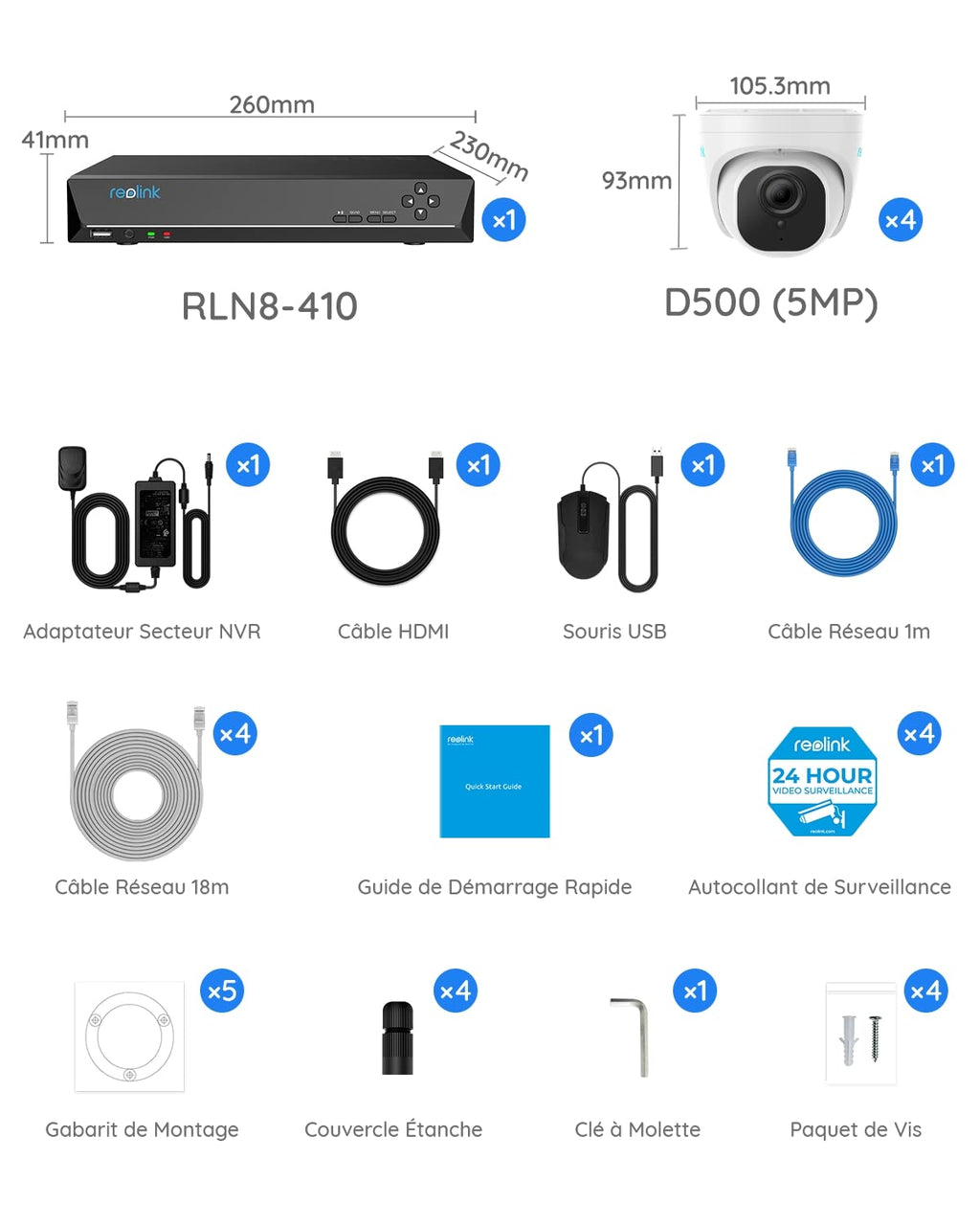 Reolink 5MP Caméra de Surveillance Extérieure, Kit Vidéo Surveillance avec 8CH 2To NVR et Caméra IP PoE Filaire 4X 5MP, Détection Personne/Véhicule, Vision Nocturne 30m avec Audio, RLK8-520D4-5MP