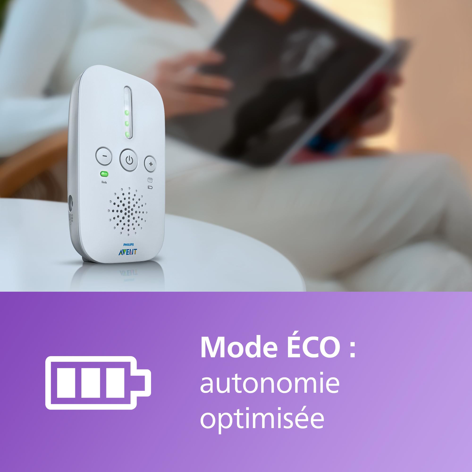 Philips Avent DECT - Écoute-bébé audio bidirectionnel, sans interférence, portée de 330 mètres, autonomie de 24 heures, mode Smart ECO, veilleuse, SCD503/26