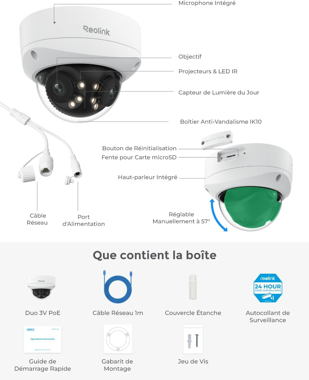 Reolink 16MP UHD 180° Pan Cam Sécu PoE Double Objectif, Suivi Mouvements, Vision Nocturne Couleur, Spots, Détect. Intell. et Alertes, Audio 2 Voies, IK10 Anti-Vandal, IP67 Anti Intempéries, Duo 3V PoE