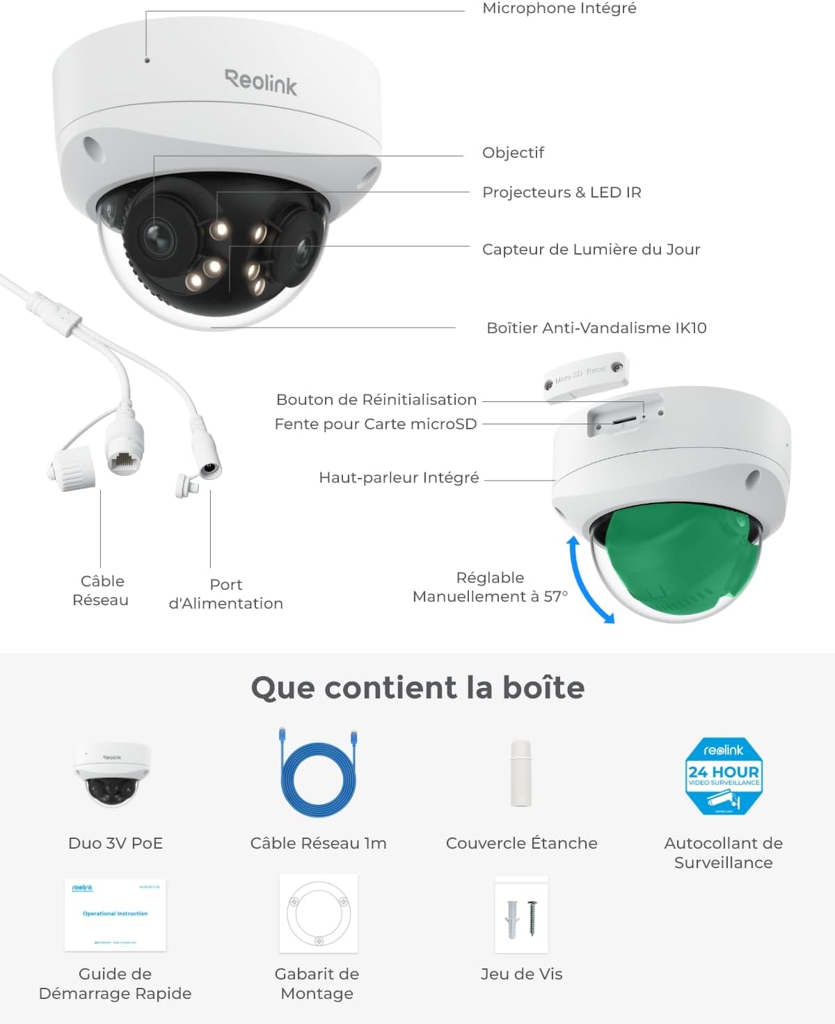 Reolink 16MP UHD 180° Pan Cam Sécu PoE Double Objectif, Suivi Mouvements, Vision Nocturne Couleur, Spots, Détect. Intell. et Alertes, Audio 2 Voies, IK10 Anti-Vandal, IP67 Anti Intempéries, Duo 3V PoE