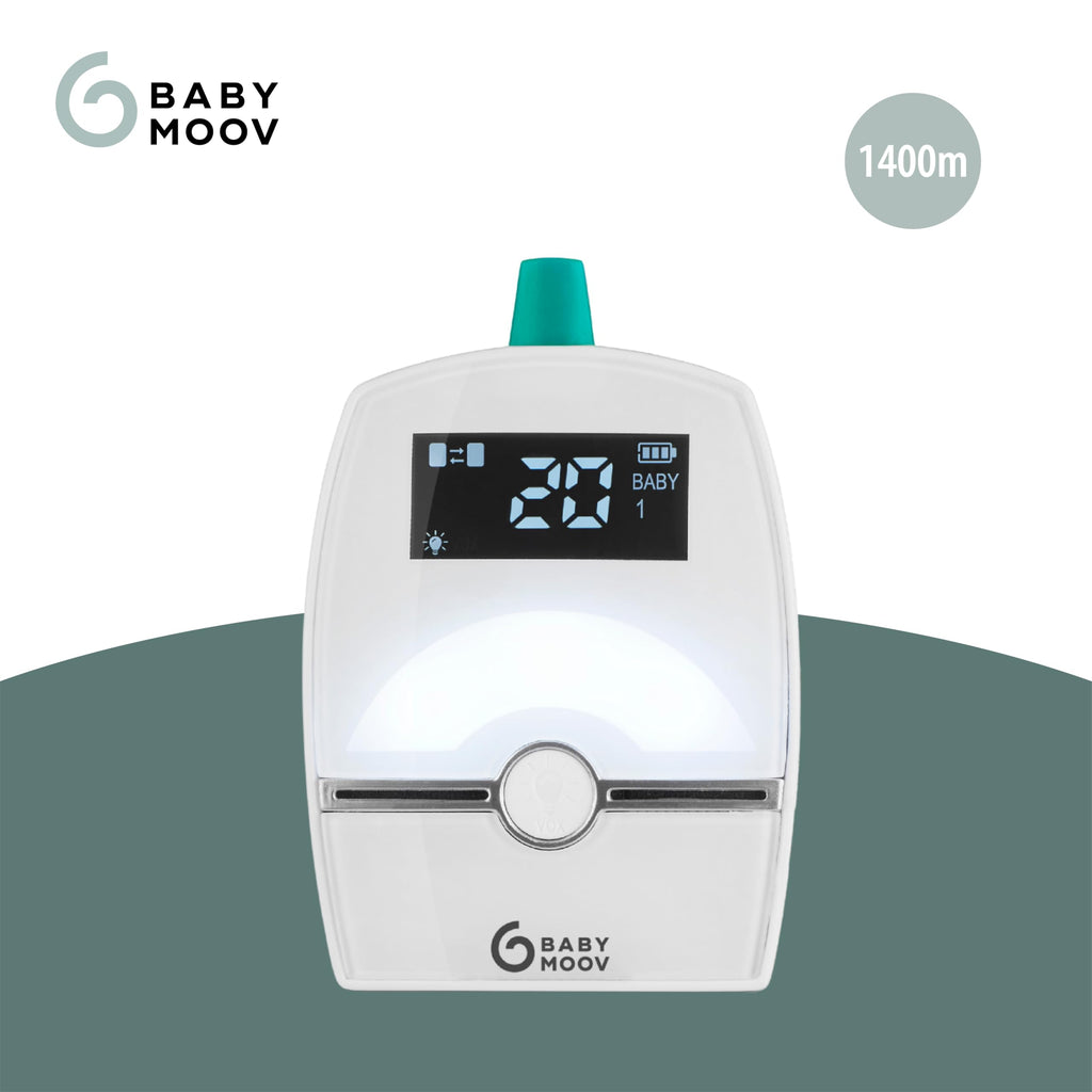 Babymoov Babyphone Audio Premium Care, Faible Emission d'Ondes avec Détecteur de Mouvement, Portée 1400m, Veilleuse, Berceuses, Capteur de Température, Talkie-Walkie