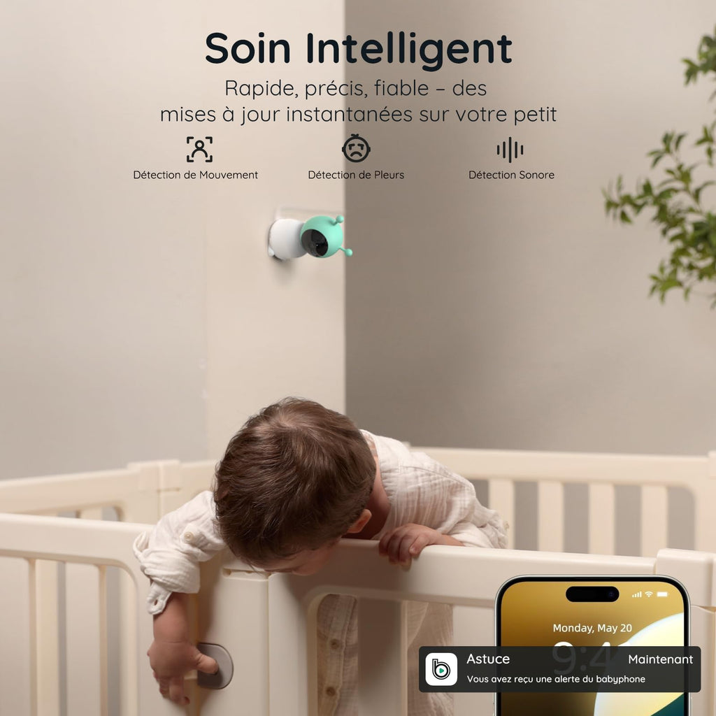 BOIFUN Babyphone Camera Bébé 2K, Baby Phone avec Caméra WiFi et Moniteur 5", Vision Nocturne Invisible, Veilleuse Bébé Colorée Réglable, Alerte Mouvements/Pleurs, Température, Zoom 4X, Rappel Biberon