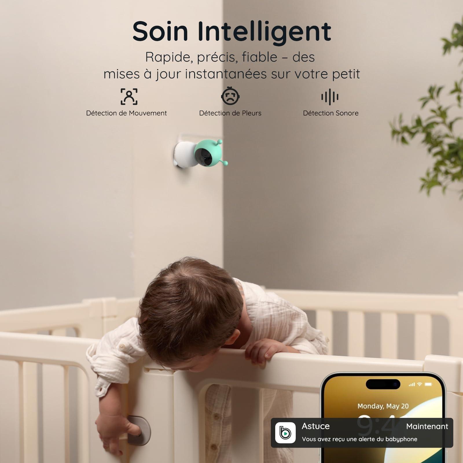 BOIFUN Babyphone Camera Bébé 2K, Baby Phone avec Caméra WiFi et Moniteur 5", Vision Nocturne Invisible, Veilleuse Bébé Colorée Réglable, Alerte Mouvements/Pleurs, Température, Zoom 4X, Rappel Biberon