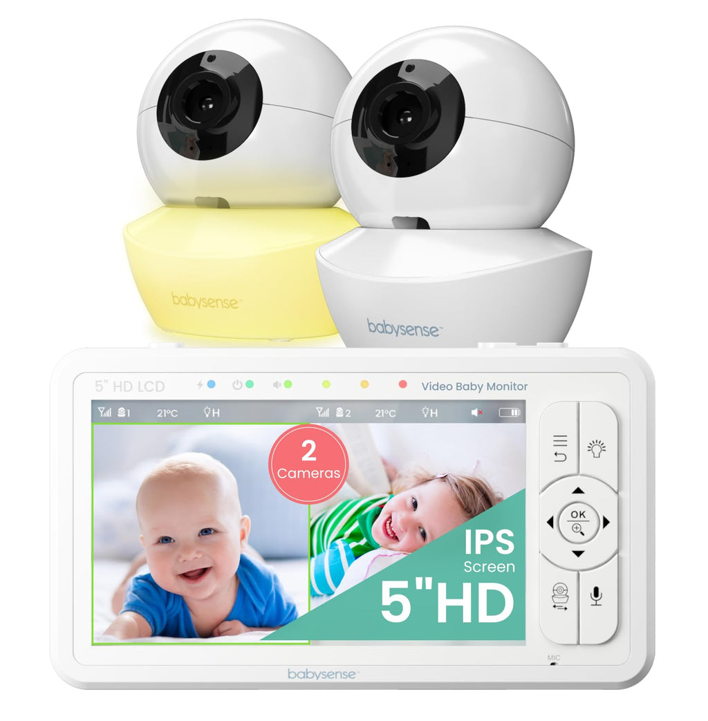 Babysense Moniteur HD Vidéo pour Bébé - Babyphone avec Écran Divisé 5“ et 2 Caméras 720p, Conversation Audio Bidirectionnel, Longue Portée, Veilleuse Réglable, Vision Nocturne, Berceuses