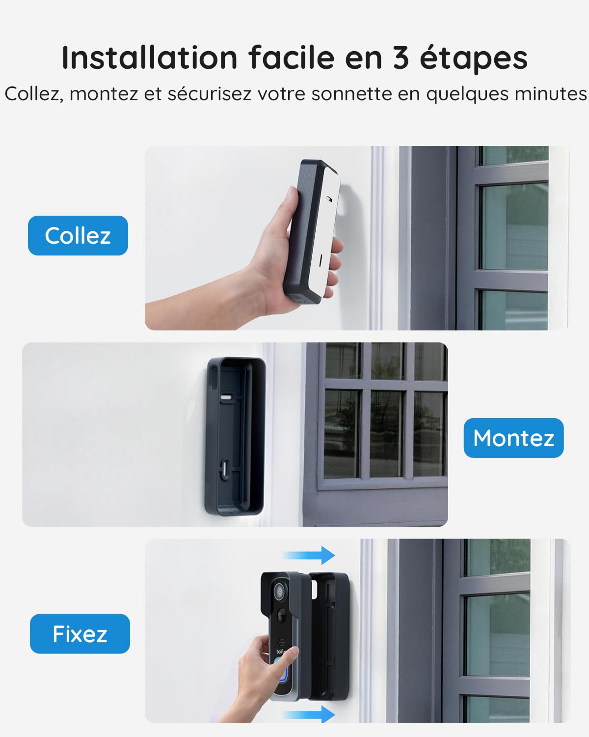 BOIFUN Sonnette sans Fil Exterieur Etanche, 2K, Grand Angle de 166°, Installation Facile, Détection Humaine par IA, Vision Nocturne, Compatible Carte SD, IP65 étanche, 3MP Wi-FI 2,4 GHz Noir