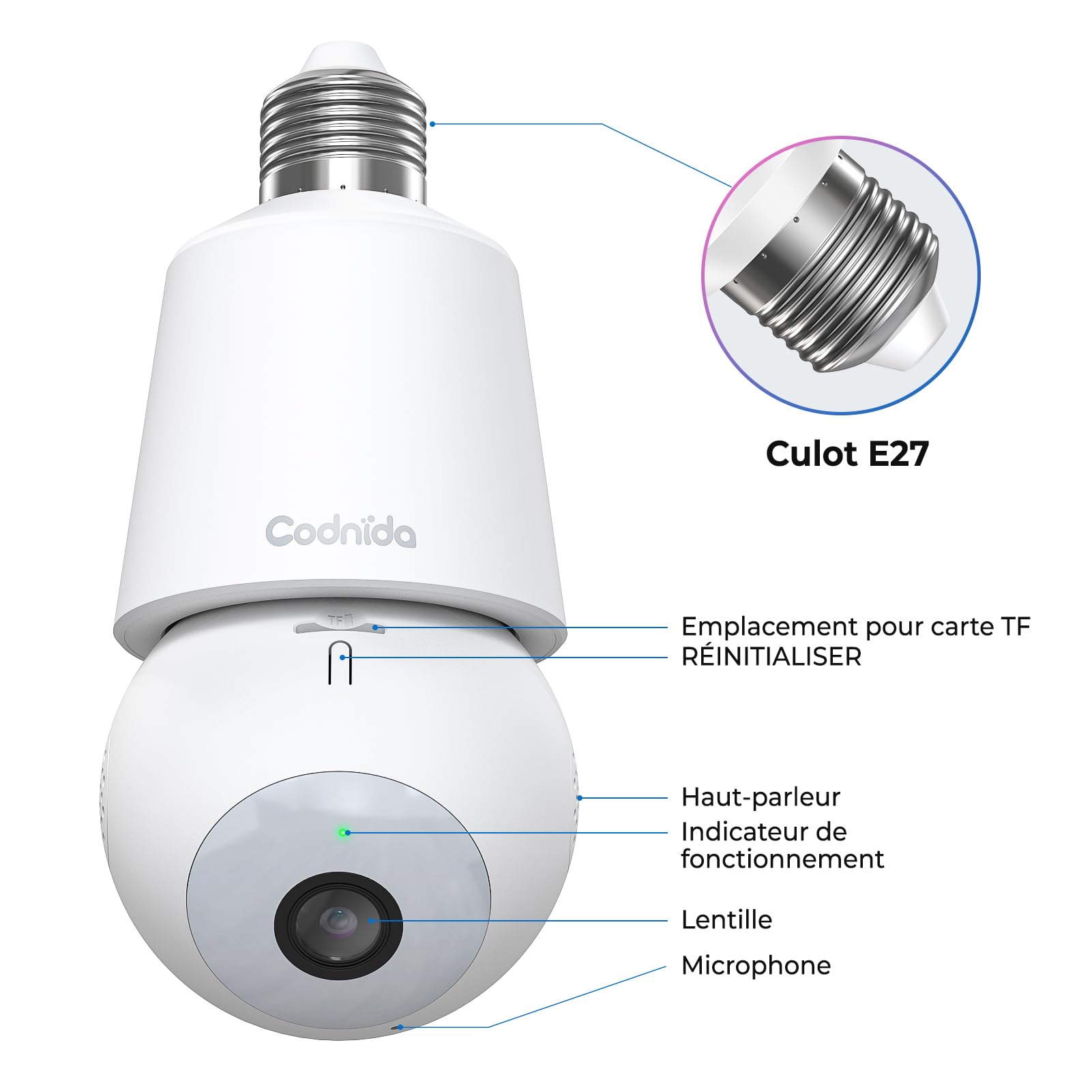 Codnida Camera Surveillance WiFi Intérieur/Extérieure sans Fil,2K Ampoule Camera Surveillance WiFi,Caméras de Surveillance avec Douille de Lampe E27,Sirène et Alarme Lumineuse,Vision Nocturne Couleur