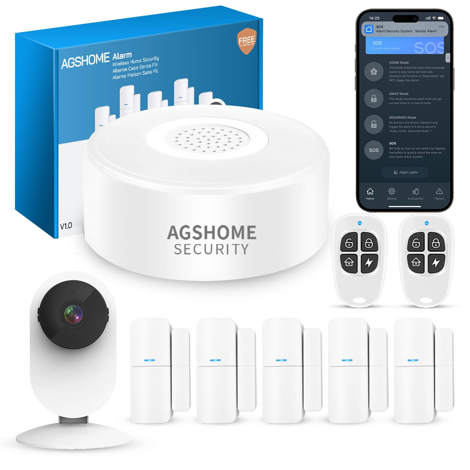 AGSHOME Kit Alarme Maison sans Fil avec Caméra WiFi 1080P, Système d’Alarme Connecté 9 Pièces, Sirène 120 DB, WiFi 2.4GHz, Compatible Alexa