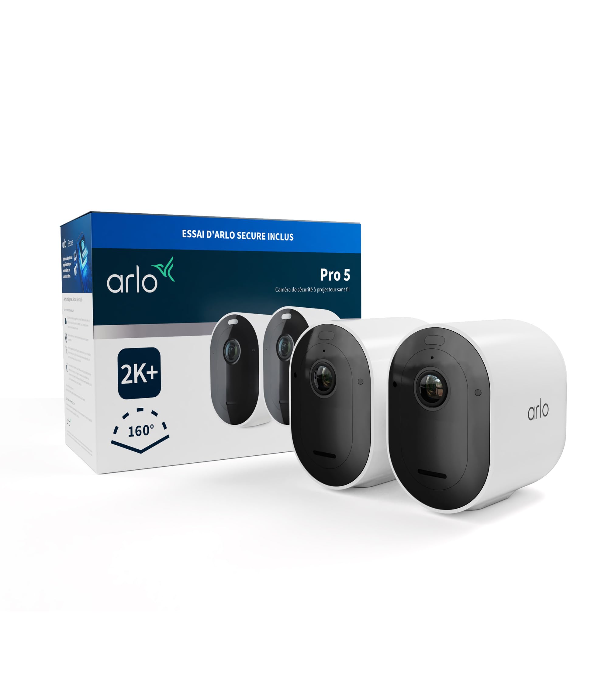 ARLO Pro 5 2K, Caméra de Surveillance WiFi Extérieure sans Fil, Détection par IA, Vision Nocturne Couleur, Audio bidirectionnel, Compatible avec Alexa, Essai Secure Inclus, 2 Caméras
