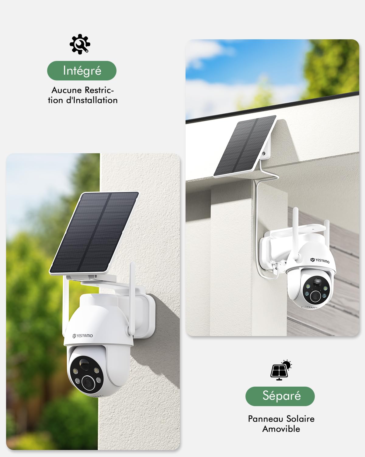 YESYAMO 2K Camera Surveillance WiFi Exterieure sans Fil Solaire, 2.4GHz Camera Exterieur avec Panneau Solaire, 355° PTZ, Vision Nocturne Couleur, Audio Bidirectionnel, PIR Sirène (Noir)