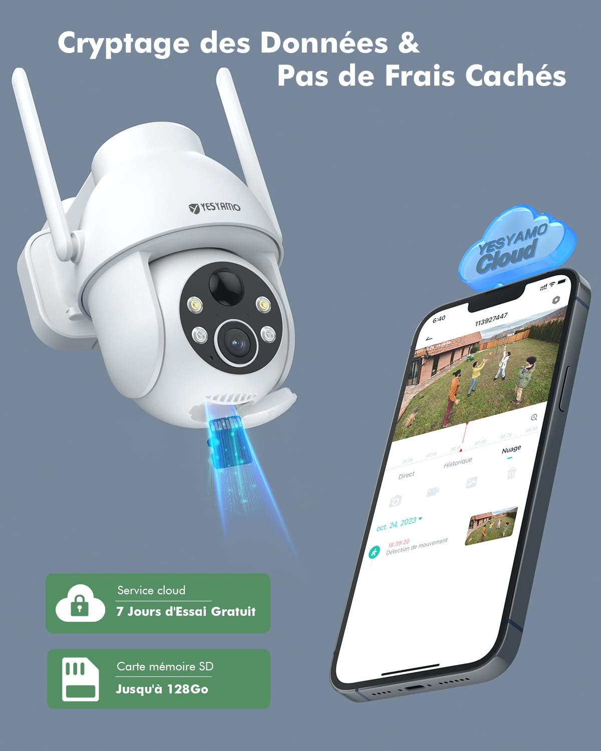 YESYAMO 2K Camera Surveillance WiFi Exterieure sans Fil Solaire, 2.4GHz Camera Exterieur avec Panneau Solaire, 355° PTZ, Vision Nocturne Couleur, Audio Bidirectionnel, PIR Sirène (Noir)