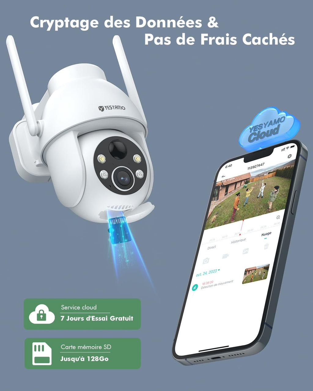 YESYAMO 2K Camera Surveillance WiFi Exterieure sans Fil Solaire, 2.4GHz Camera Exterieur avec Panneau Solaire, 355° PTZ, Vision Nocturne Couleur, Audio Bidirectionnel, PIR Sirène (Noir)
