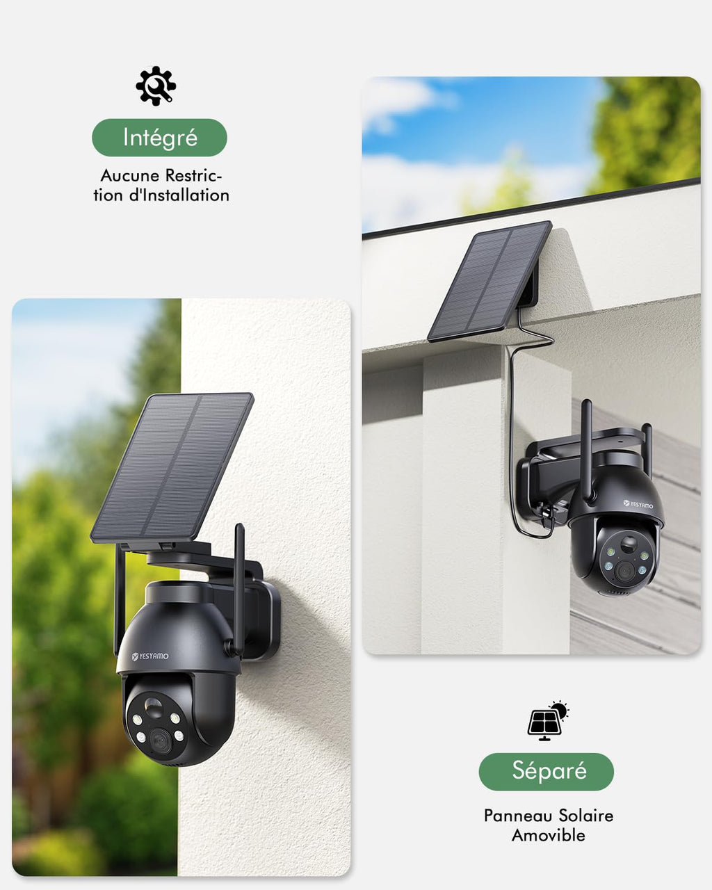 YESYAMO 2K Camera Surveillance WiFi Exterieure sans Fil Solaire, 2.4GHz Camera Exterieur avec Panneau Solaire, 355° PTZ, Vision Nocturne Couleur, Audio Bidirectionnel, PIR Sirène (Noir)