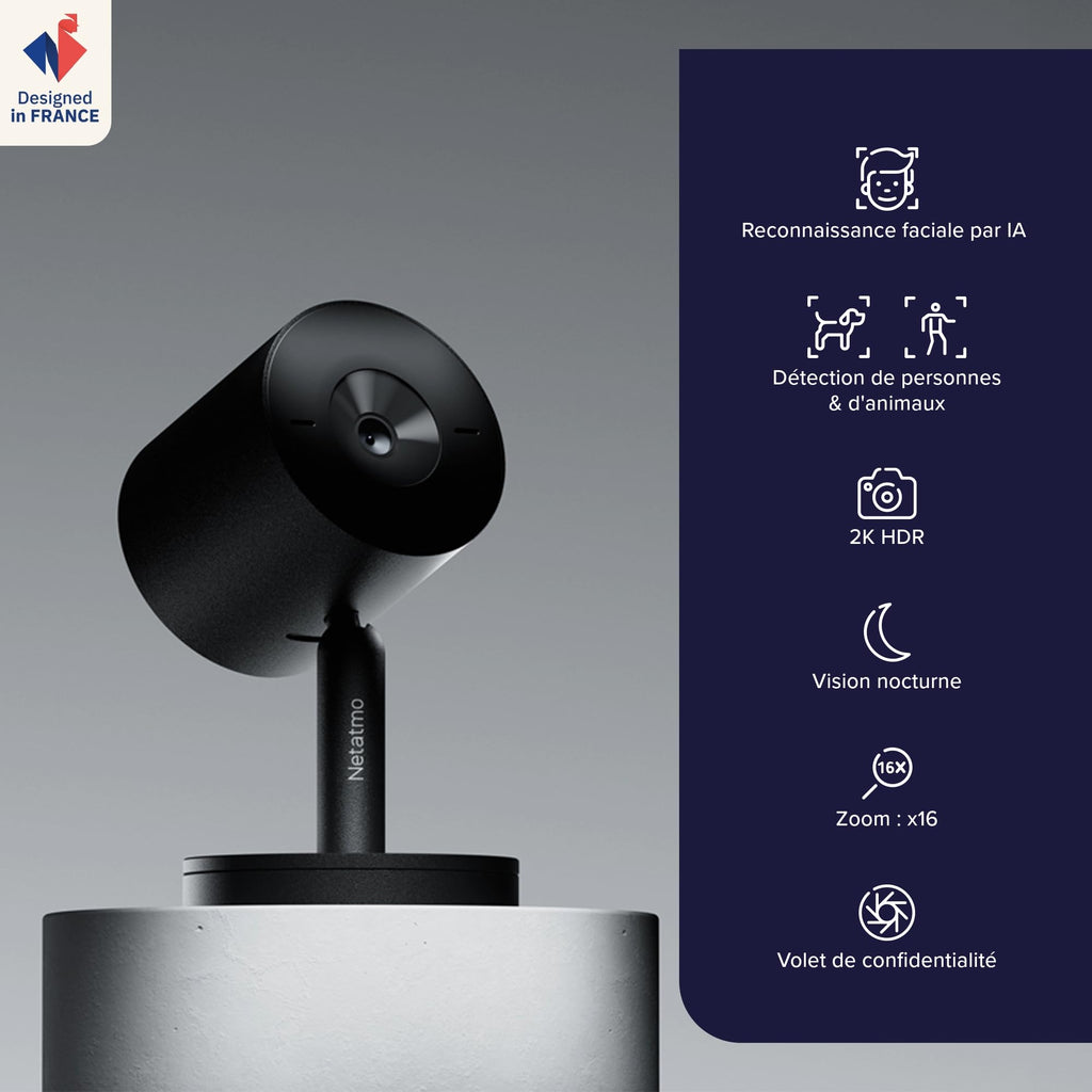 Netatmo Intelligente Caméra Intérieure Advance - Reconnaissance Faciale, Audio-Bidirectionnel, Angle de Vue de 130°, 2K HDR, 30 fps, Zoom X16, 2X Carte SD - Noire