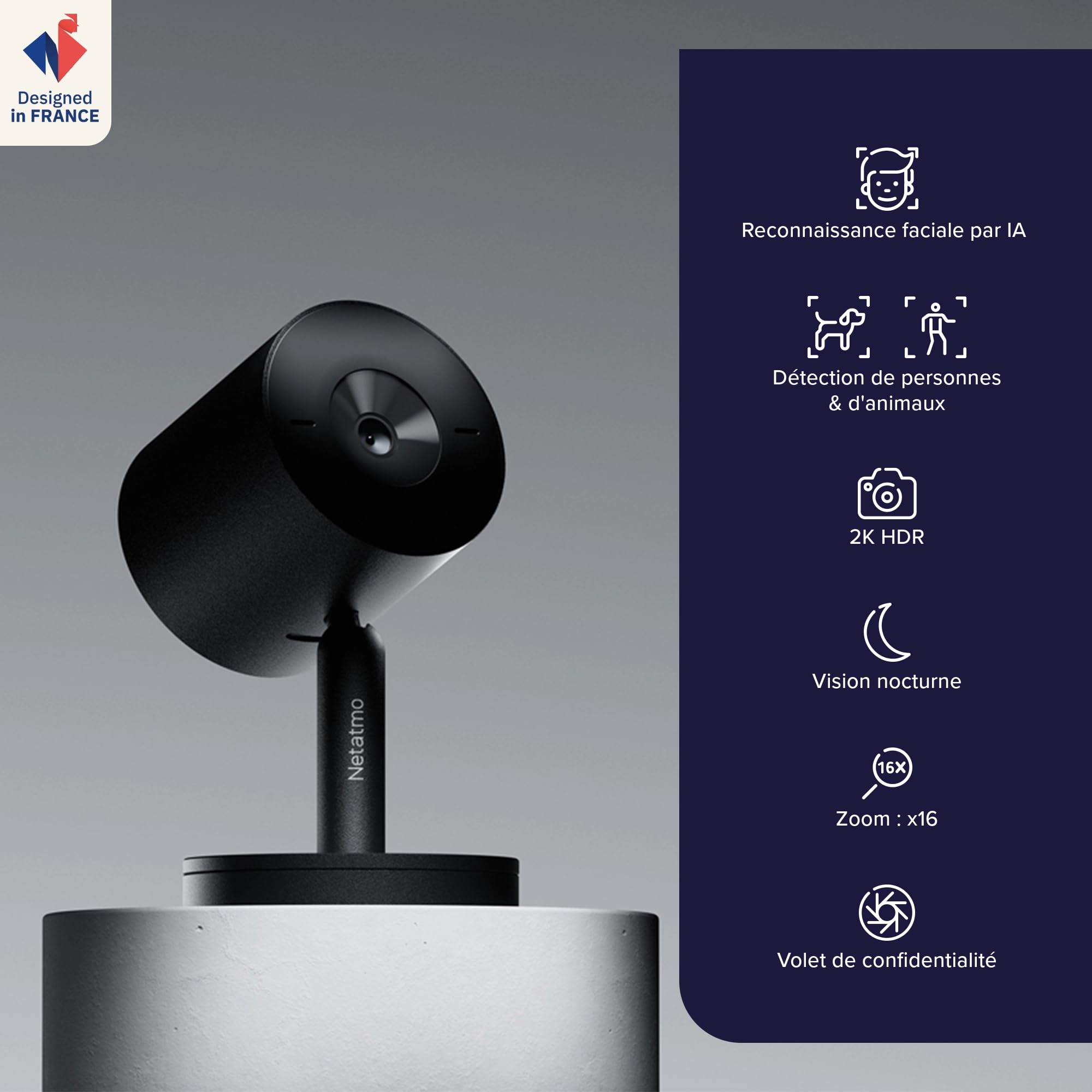 Netatmo Intelligente Caméra Intérieure Advance - Reconnaissance Faciale, Audio-Bidirectionnel, Angle de Vue de 130°, 2K HDR, 30 fps, Zoom X16, 2X Carte SD - Noire