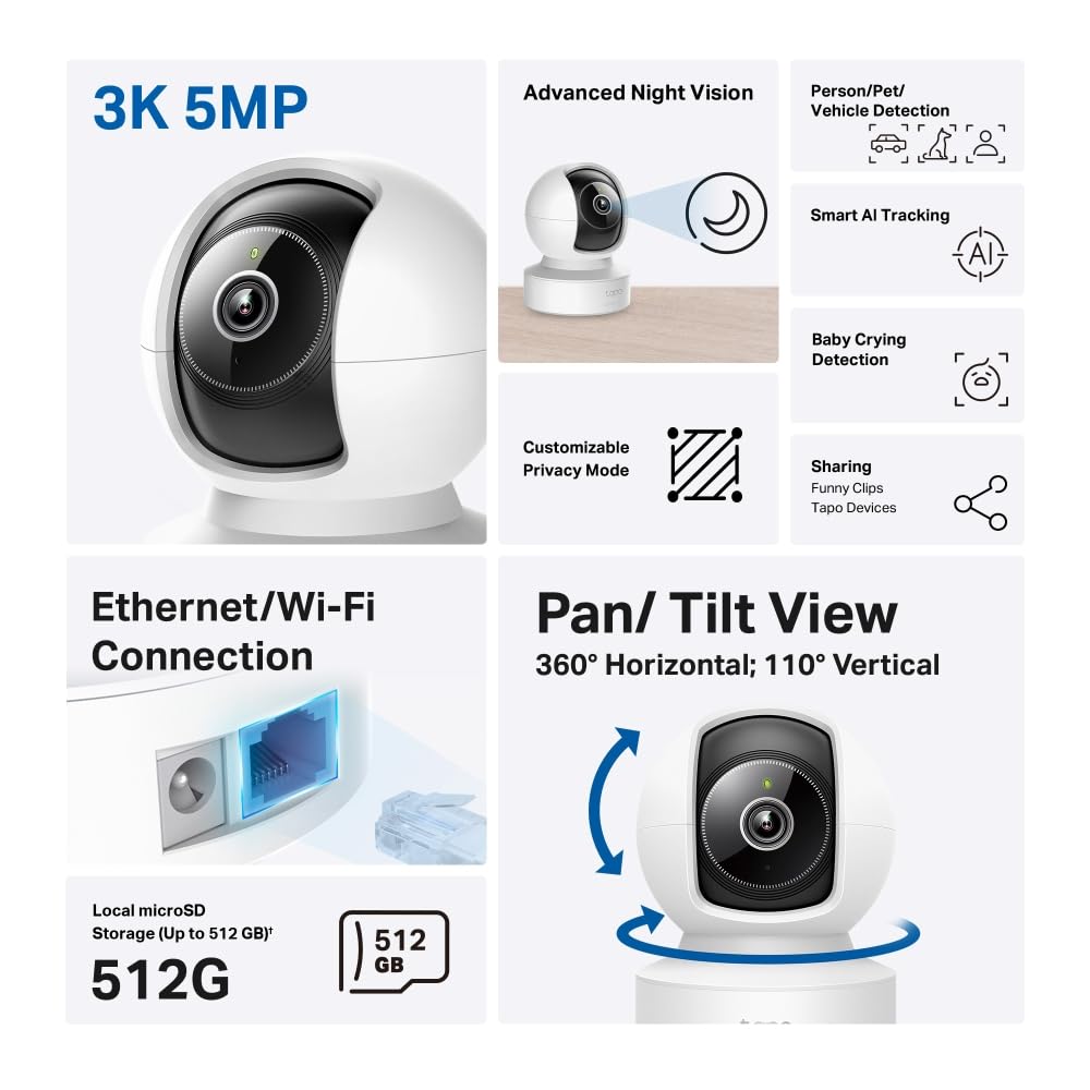 Tapo 2.5K(4MP) Caméra de Surveillance WiFi intérieure 360°, Détection Humaine AI Suivi Intelligent, Sirène et détection de Mouvement, Audio bidirectionnel, Compatible Alexa pour Bébé/Animaux C220