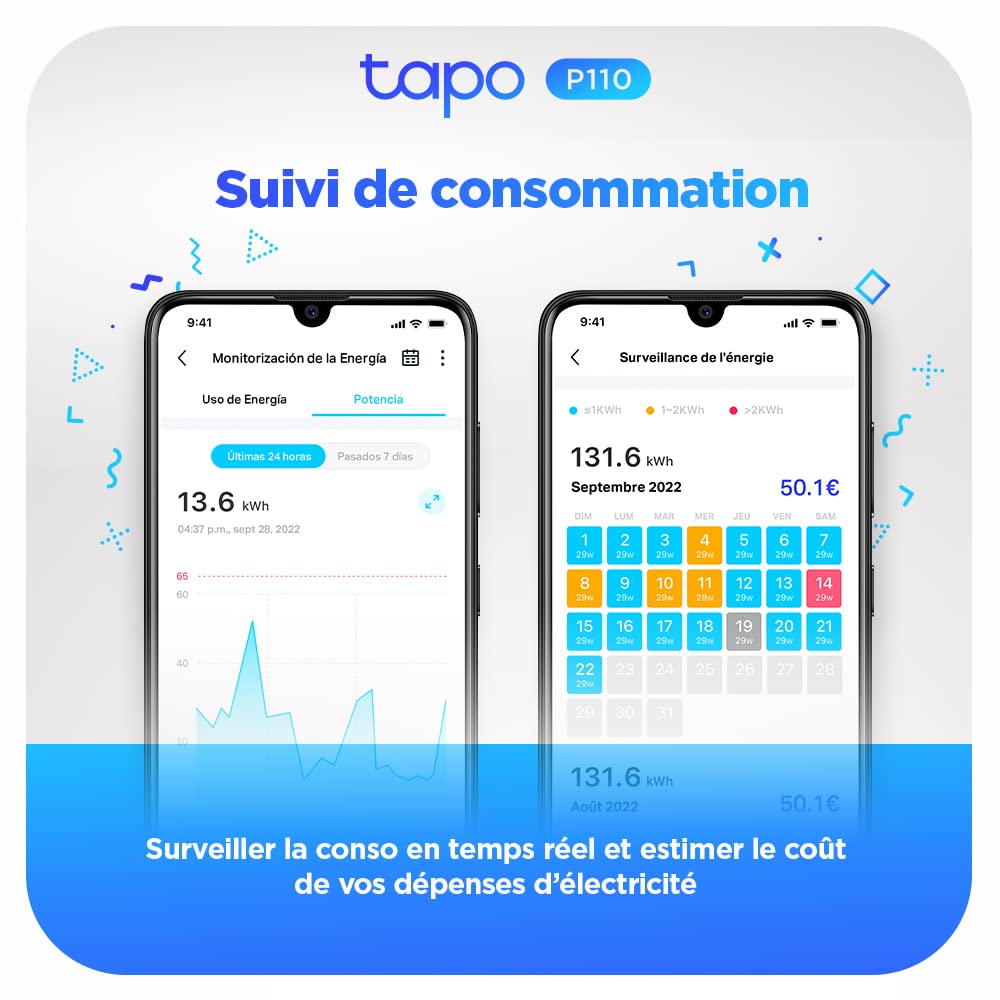 Tapo Matter Prise Connectée WiFi, Suivi de consommation, 16A Type E, Compatible avec Alexa, Google Home et SmartThings, Contrôler le radiateur, le chauffage, Économie d'énergie, Tapo P110M 2-pack(FR)