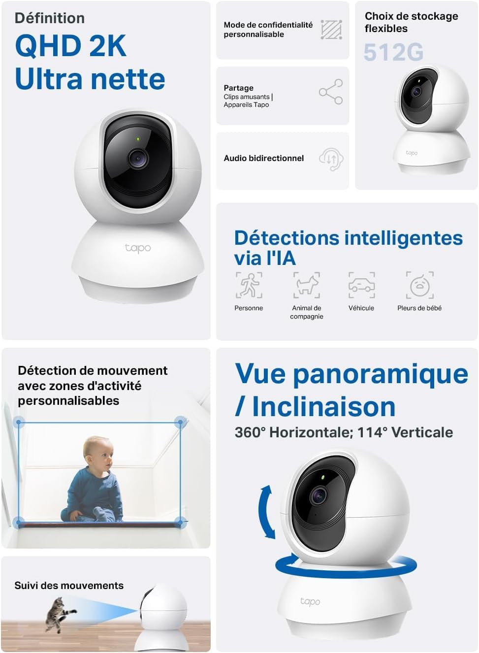 Tapo C210 2 Pack Caméra WiFi Intérieure 2K QHD 3MP, Rotation 360°, Détection de Personne&Pleurs de Bébé, Vision Nocturne, Audio Bidirectionnel, Stockage Cloud&microSD 512 Go,Alexa et Google Assistant