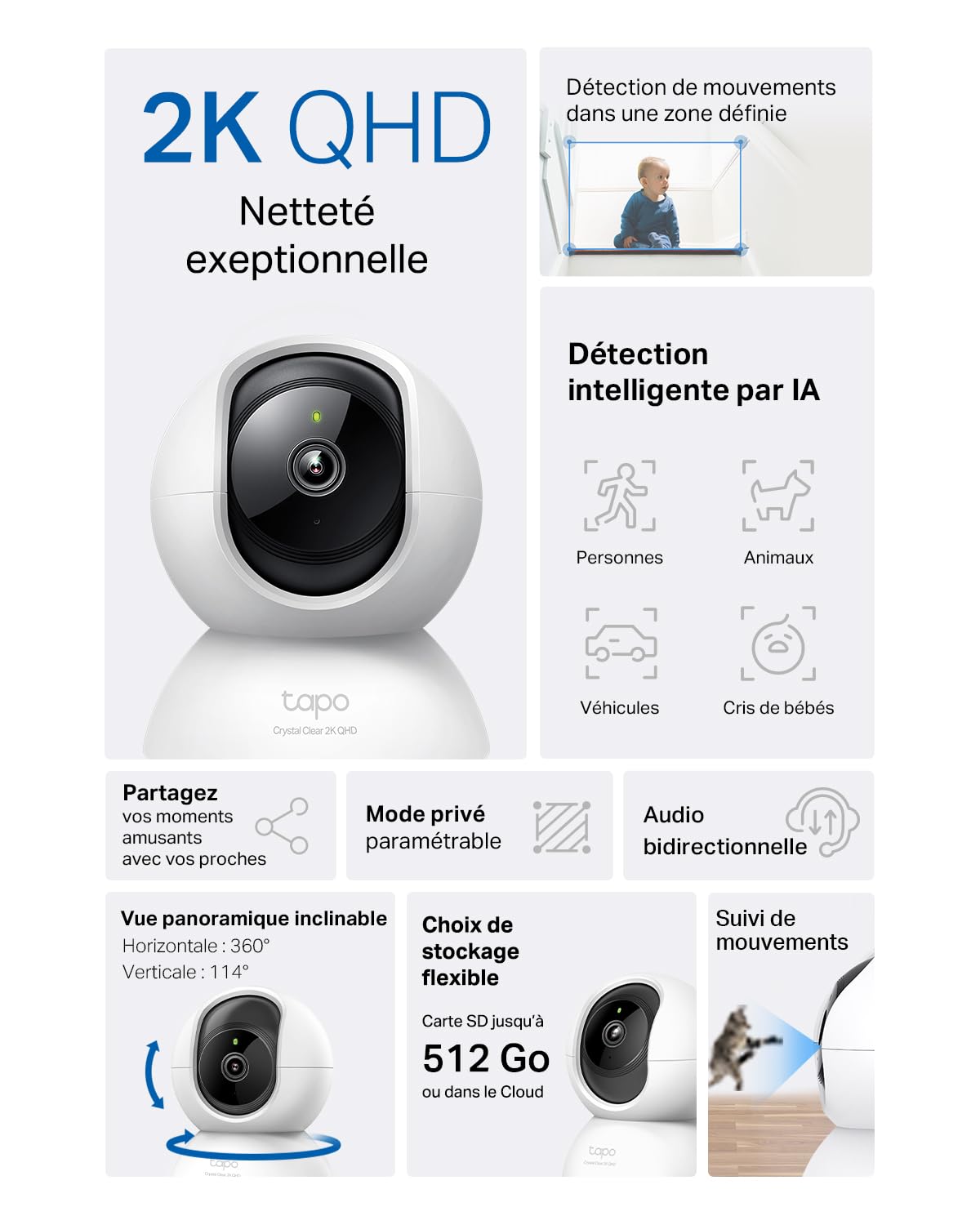 Tapo 2.5K(4MP) Caméra de Surveillance WiFi intérieure 360°, Détection Humaine AI Suivi Intelligent, Sirène et détection de Mouvement, Audio bidirectionnel, Compatible Alexa pour Bébé/Animaux C220