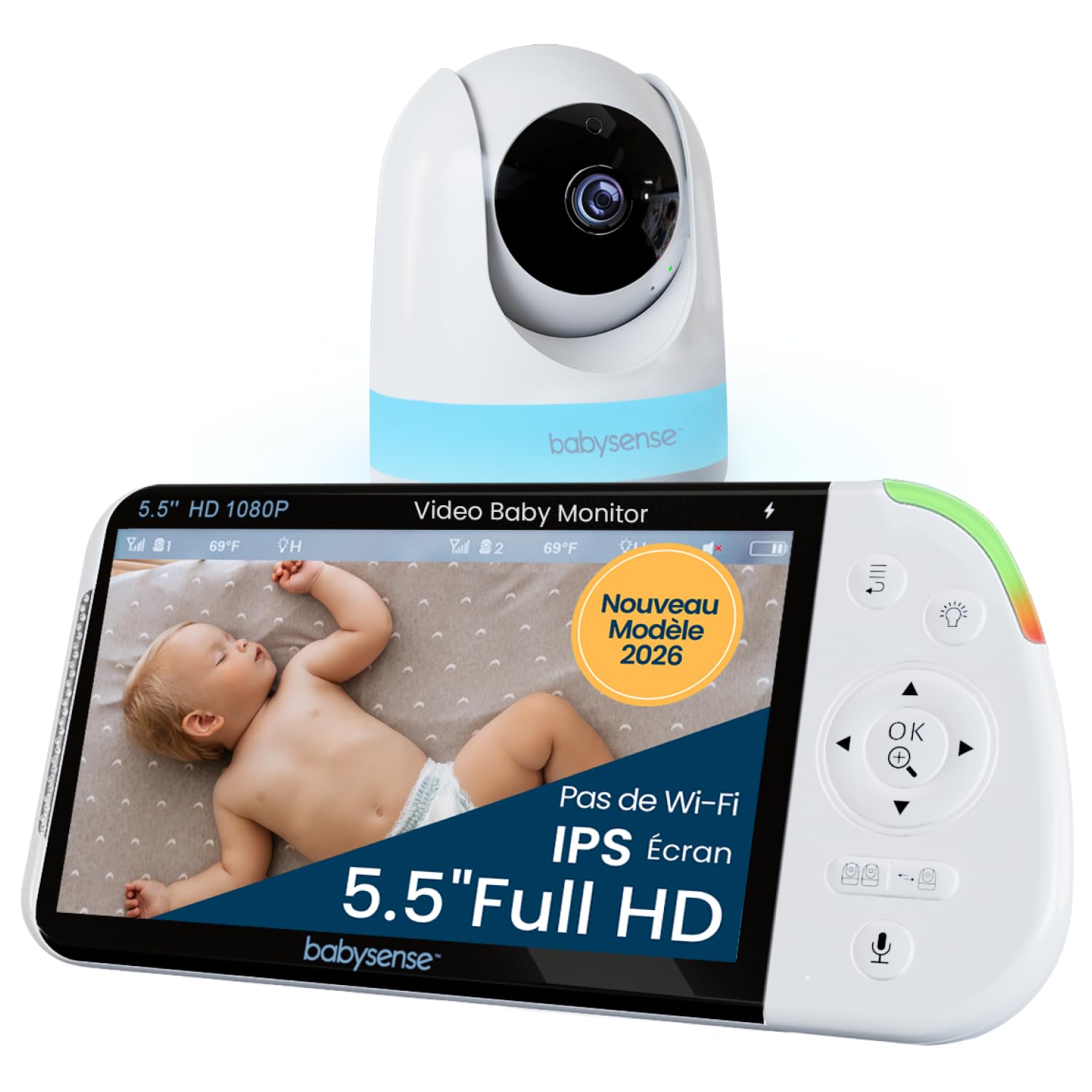 Babysense - Moniteur bébé Full HD écran partagé - Avec 2 caméras - Veilleuse en 6 couleurs - Bruit et machine à lumière - Batterie de 20 heures - Connexion sécurisée sans WiFi