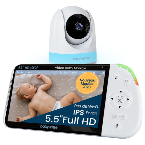 Babysense - Moniteur bébé Full HD écran partagé - Avec 2 caméras - Veilleuse en 6 couleurs - Bruit et machine à lumière - Batterie de 20 heures - Connexion sécurisée sans WiFi