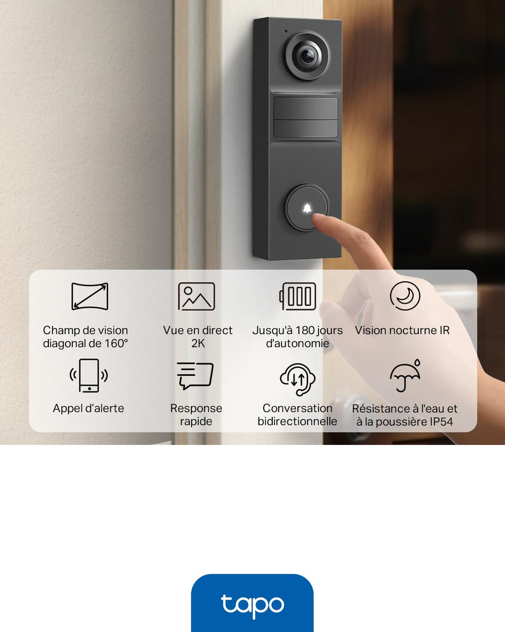 Tapo D205 Sonnette sans fil avec caméra exterieur 2K 3MP, IP54 étanche, Grand angle 160°, Vision Nocturne, Détection Humaine AI gratuite, Audio Bidirectionnel, autonomie 180j, Installation facile