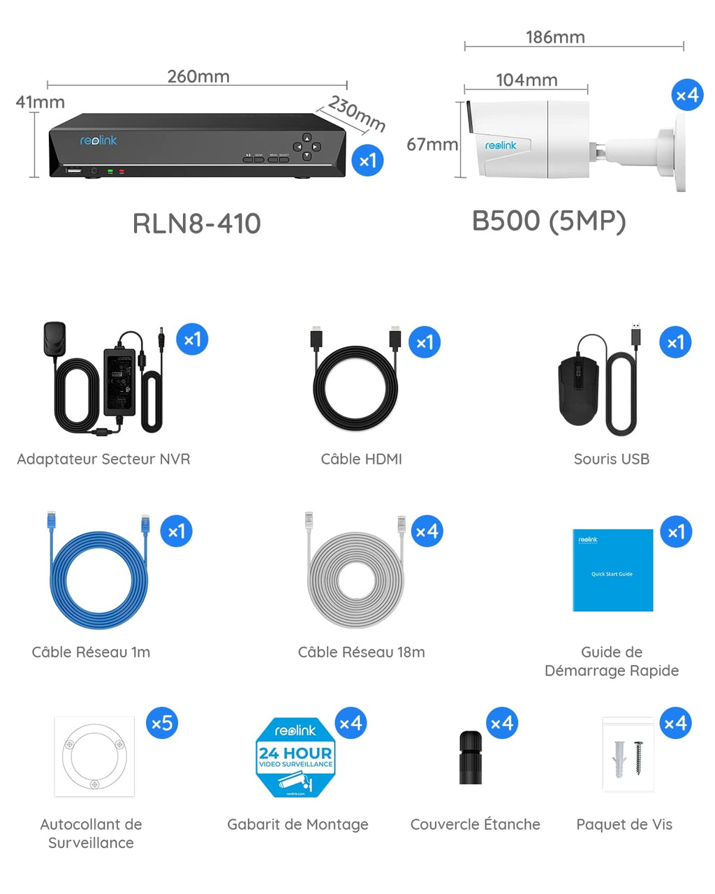 Reolink 5MP Caméra de Surveillance Extérieure, Kit Vidéo Surveillance avec 8CH 2To NVR et Caméra IP PoE Filaire 4X 5MP, Détection Personne/Véhicule, Vision Nocturne 30m avec Audio, RLK8-520D4-5MP