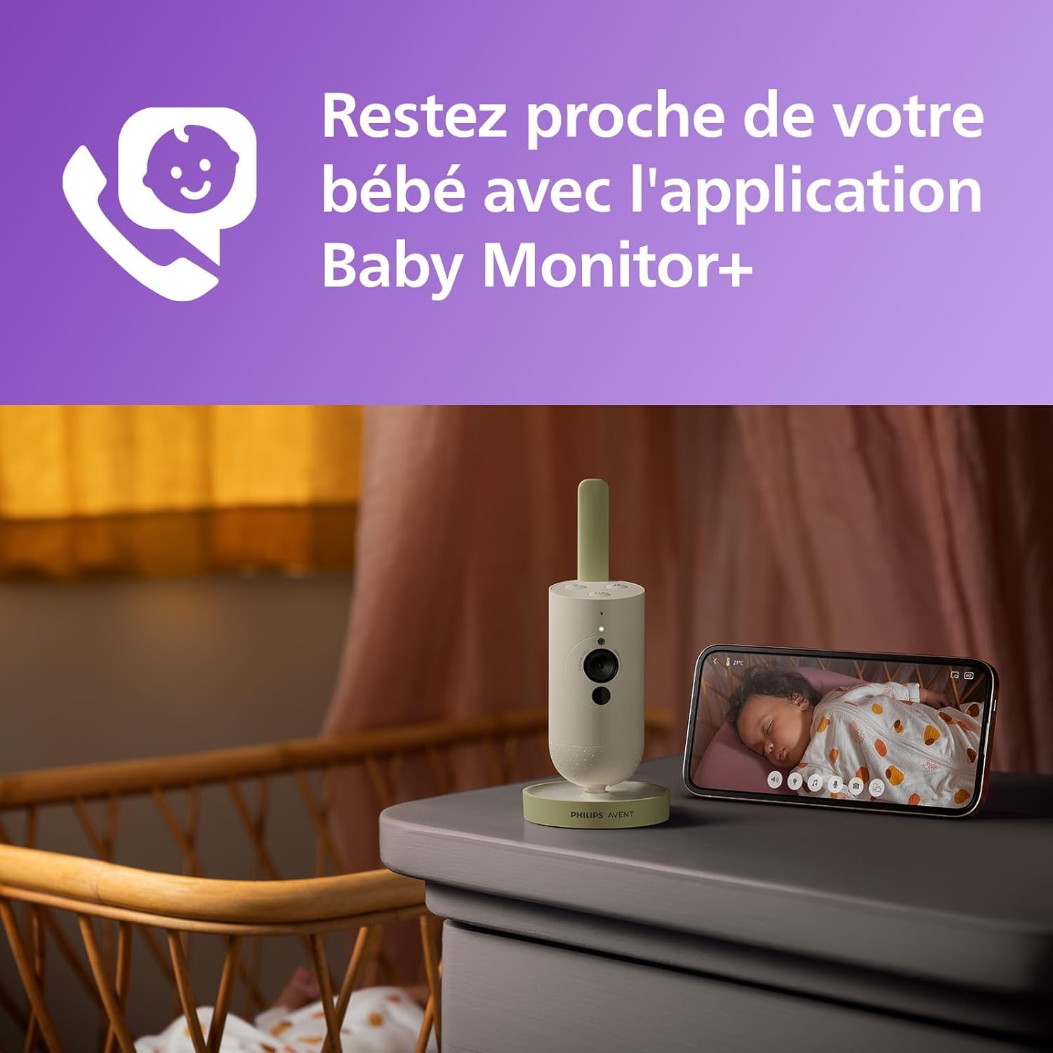 AVENT Philips babyphone Video connecté avec Wi-FI, caméra HD de Haute qualité, Vision Nocturne Infrarouge, détection des Pleurs, Audio bidirectionnel, 12 Heures d'autonomie en Mode éco, SCD951/26