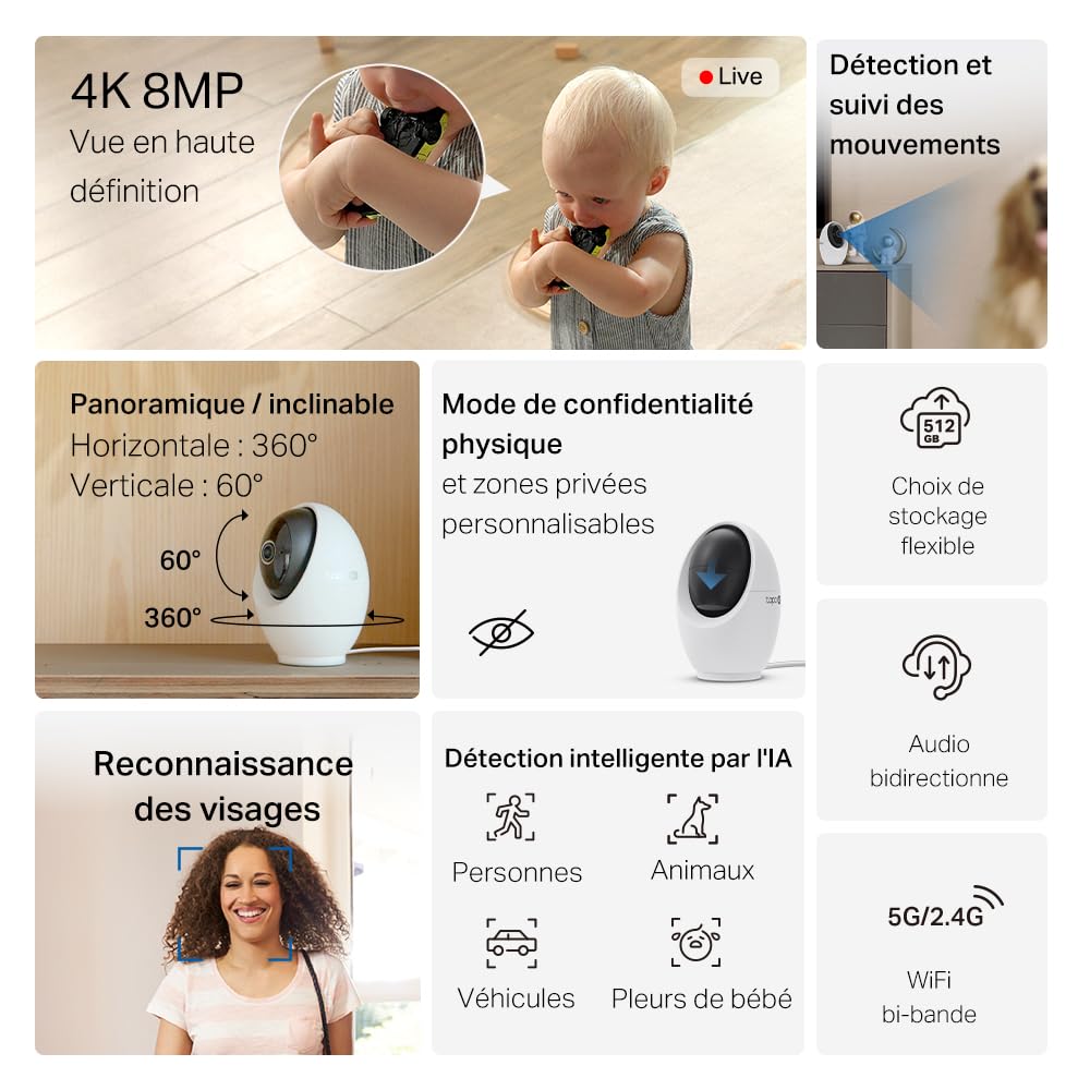 Tapo C260 Caméra de Surveillance WiFi intérieure 4K 8MP 360°, détection IA Locale, Mode confidentialité Physique, Zoom numérique 18x, Suivi de Mouvement, Audio bidirectionnel