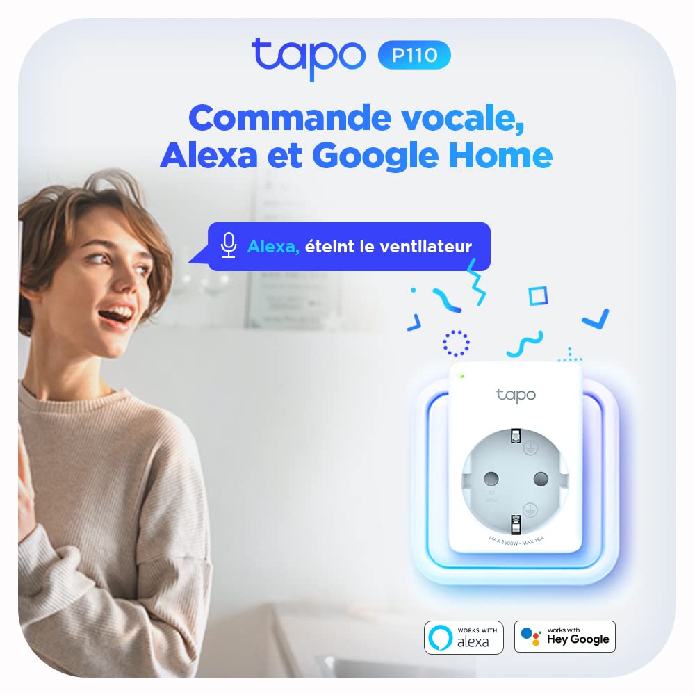 Tapo Matter Prise Connectée WiFi, Suivi de consommation, 16A Type E, Compatible avec Alexa, Google Home et SmartThings, Contrôler le radiateur, le chauffage, Économie d'énergie, Tapo P110M 2-pack(FR)