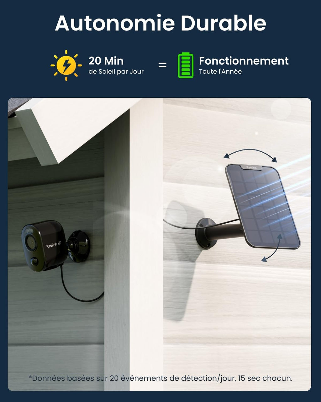 Reolink 4K Caméra Surveillance WiFi Exterieure sans Fil, Détection de Personne/Véhicule/Animal, WiFi 2,4/5 GHz, Vision Nocturne en Couleur, Audio Bidirectionnel, Argus 3 Ultra+Panneau Solaire Noir