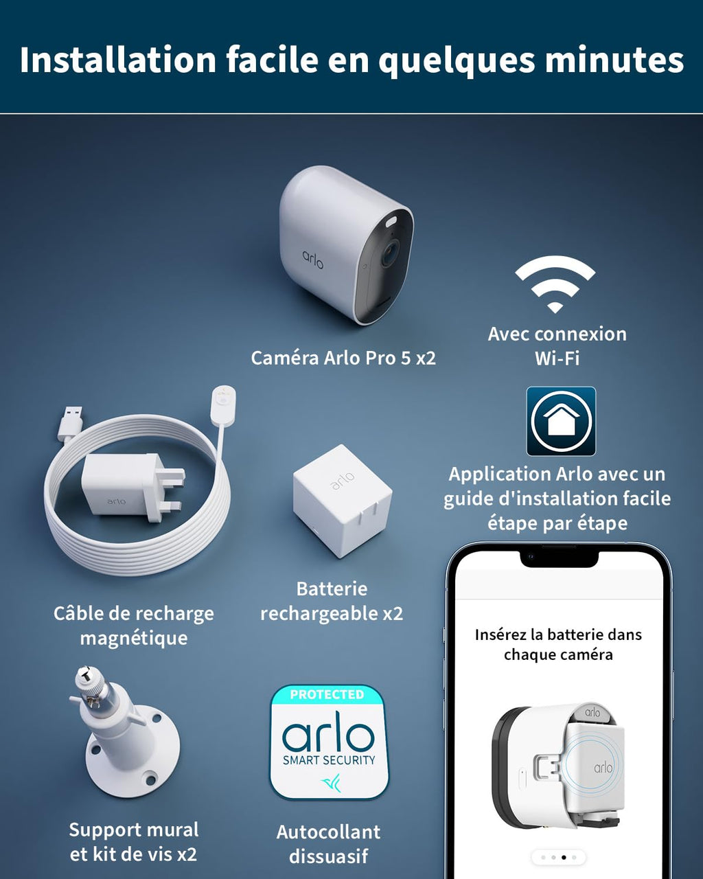 ARLO Pro 5 2K, Caméra de Surveillance WiFi Extérieure sans Fil, Détection par IA, Vision Nocturne Couleur, Audio bidirectionnel, Compatible avec Alexa, Essai Secure Inclus, 2 Caméras