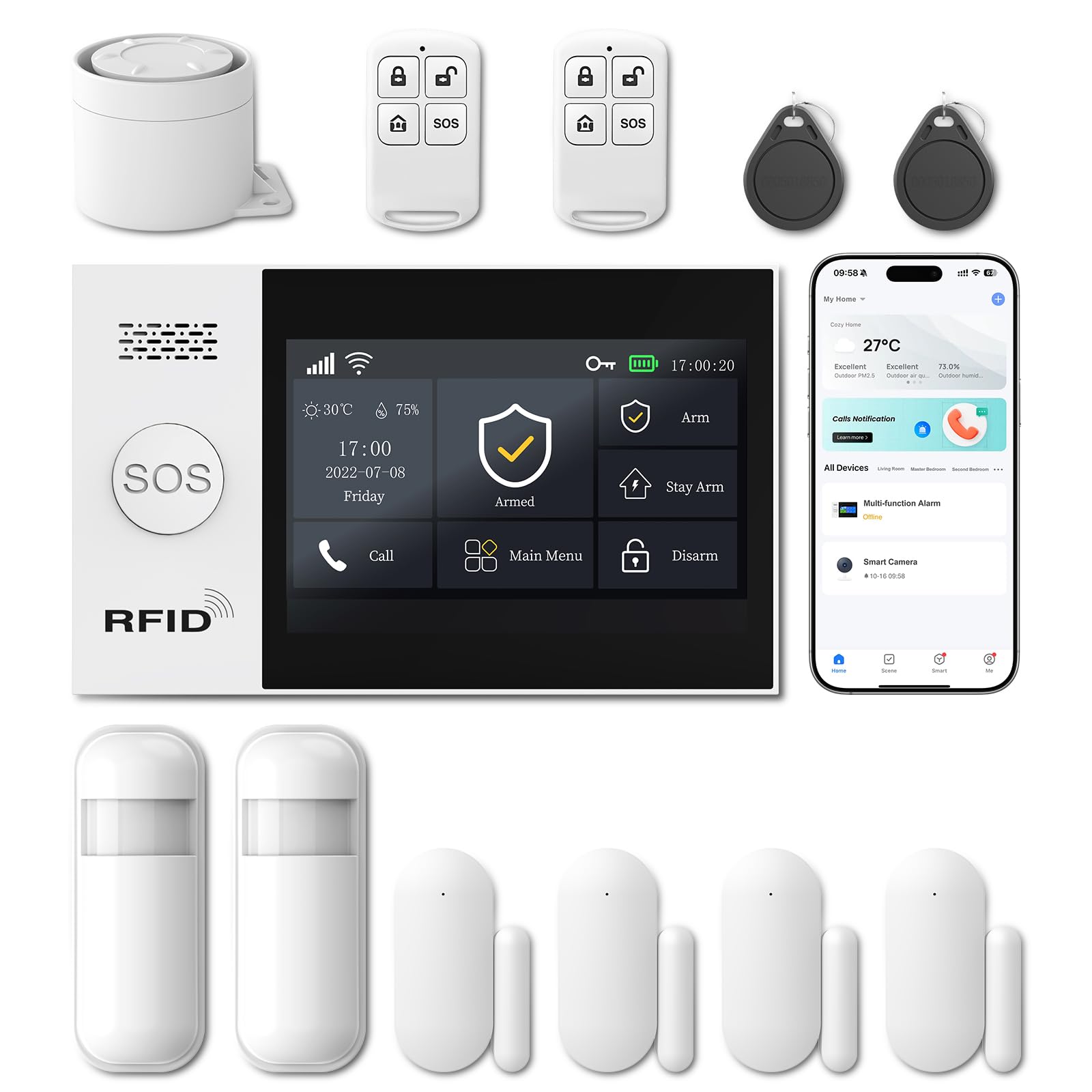LWOHSI Alarme Maison sans Fil,4G/WiFi Kit Alarme avec écran Tactile 4,3 Pouces,Capteurs De Porte et De Mouvement,Sirène 120 DB,Alertes D'application,sans Abonnement Mensuel,Compatible avec Alexa